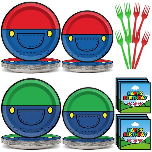 200pcs Super Brother Birthday Party Supplies Super Brother Plates Disposable Paper Tableware Super Bro Plates Napkins with Fork Super Bro Decoration Super Video Games Tableware for Kids Baby Shower