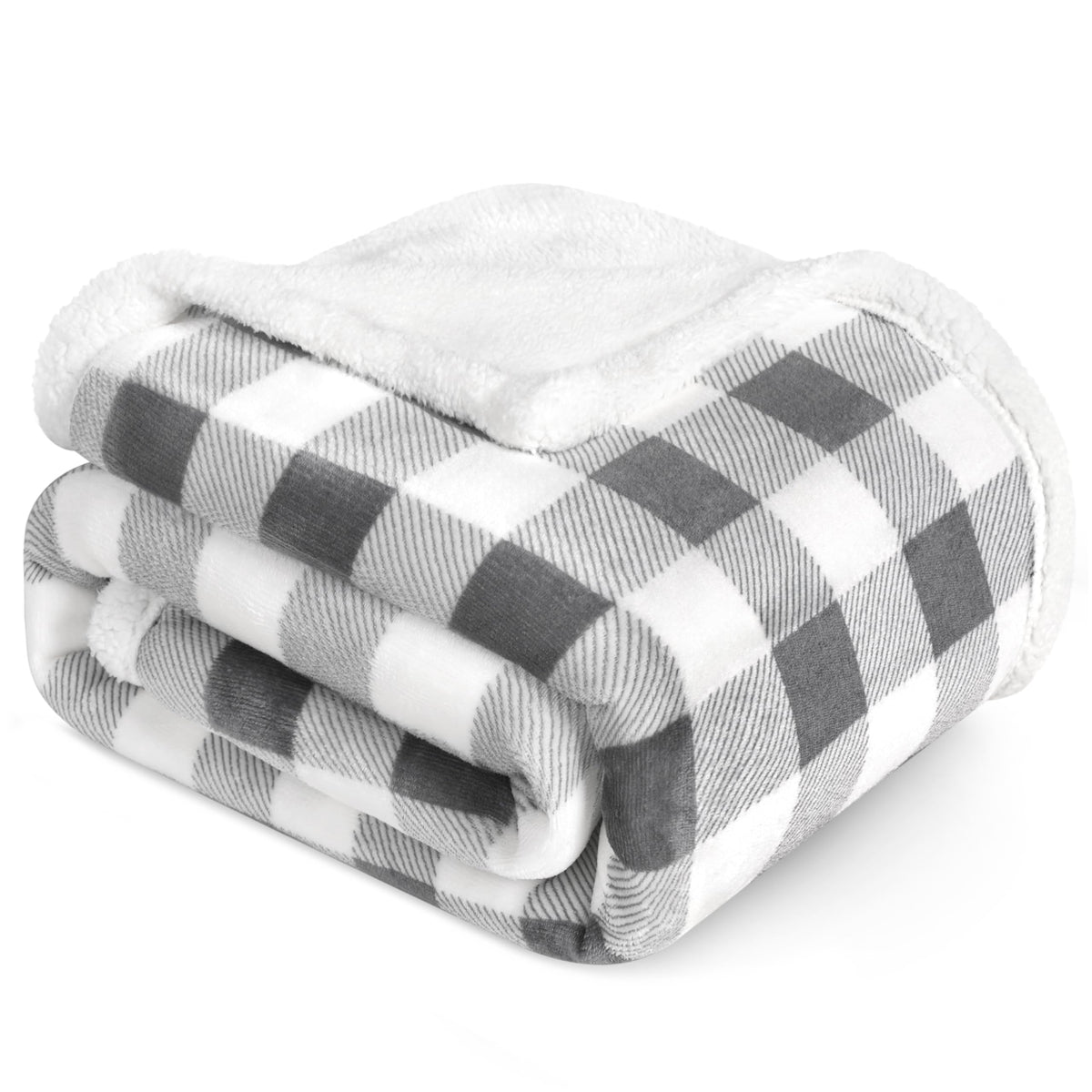 PAVILIA Light Grey Buffalo Plaid Sherpa Throw Blanket for Couch, Plush Light Gray Checkered Fleece Blanket and Throws, Soft Fuzzy Flannel Blanket for Sofa Bed, Warm Cozy Winter Blanket Gift, 50x60