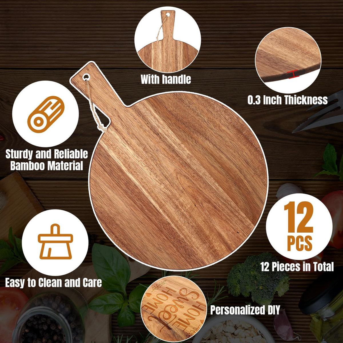 Patelai 12 Piece Round Wood Cutting Board with Handle Bulk Pizza Peel Laser Engraving Serving Charcuterie Cheese Bread Cutting Board Bulk Gifts for DIY Christmas Housewarming(Acacia Wood,13 Inch)