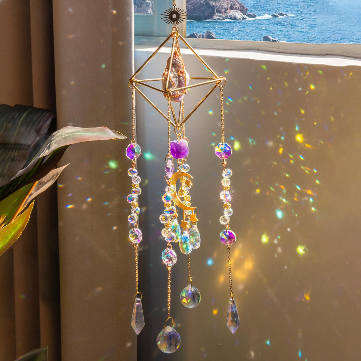 Amethyst Crystal Suncatcher - Dreamsum Hanging Wall Garden Sun Catcher for Windows, Healing Amethyst Crystal Decor for Home, Gift for Christmas Birthday,Mothers Day