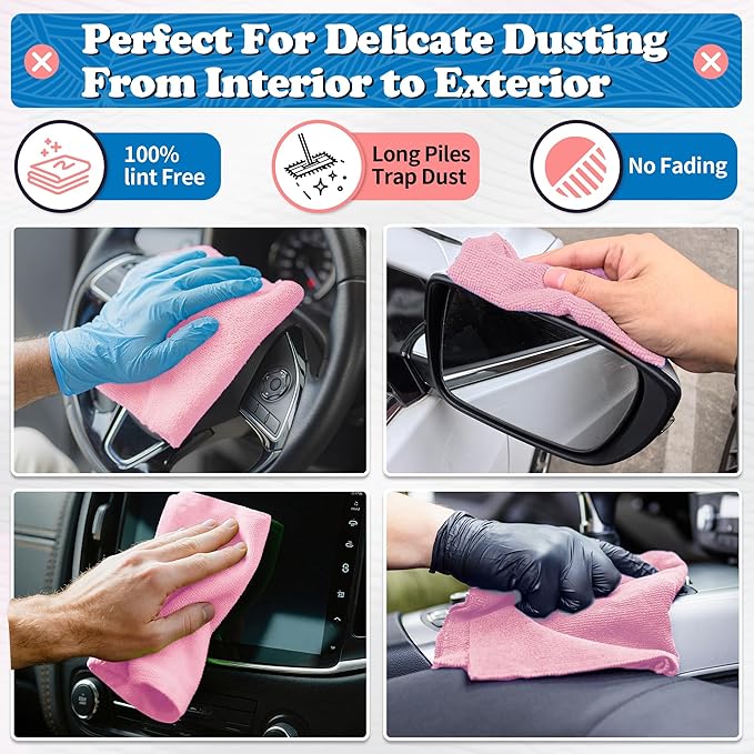 FIXSMITH Microfiber Cleaning Cloth, Shop Towels Bulk, 24 Pack Pink Microfiber