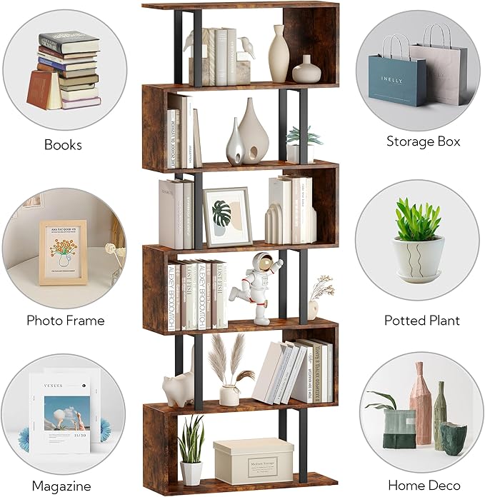 Yusong Geometric Bookcase, S Shaped Bookshelf 6-Tier Book Shelves