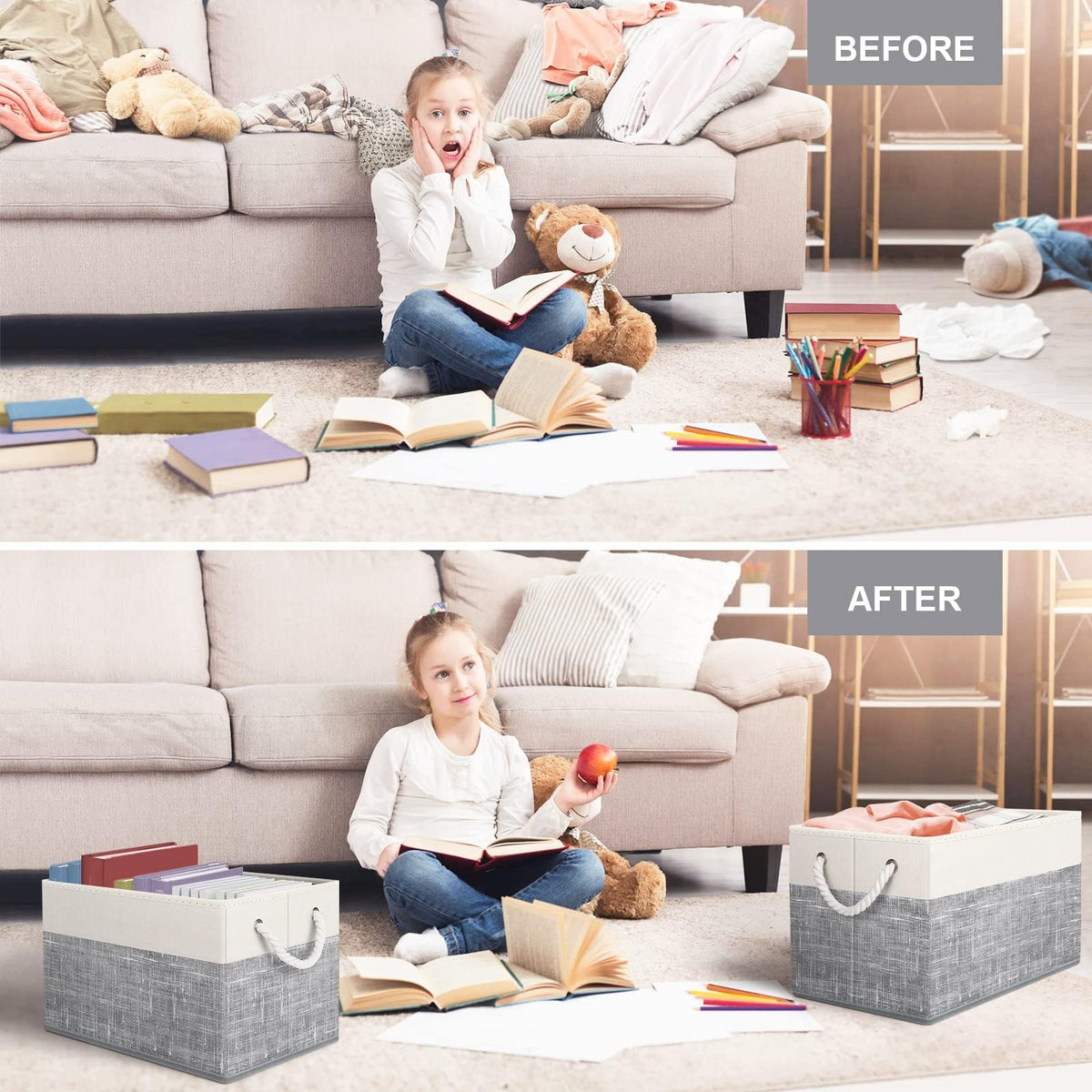 Fab totes Storage Bins 3-Pack, Foldable Storage Baskets for Organizing Toys, Books, Shelves, Closet, Large Storage Box with Rope Handles, Sturdy Organizer Bins, White & Grey