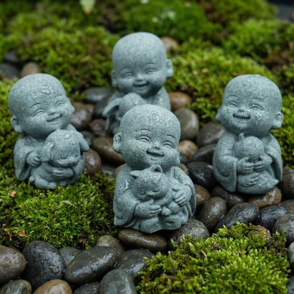 FADECOR 4pcs Mini Buddha Statue with Animal Companion, Aquarium Decor, Feng Shui Zen Monk Sandstone Sculpture, Cute Small Fish Tank Ornament for Home Garden, Buddha Decoration