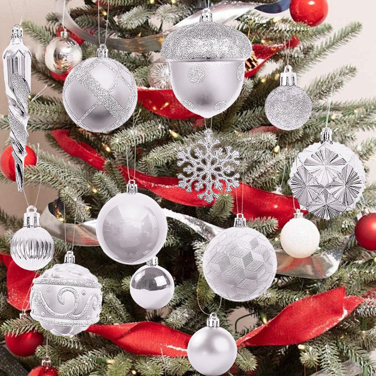 Napzy 62 Count Shatterproof Christmas Ball Ornaments Set, Silver Christmas Tree Decorations for Xmas Holiday Party Decor, Wreath and Garland Hanging Balls