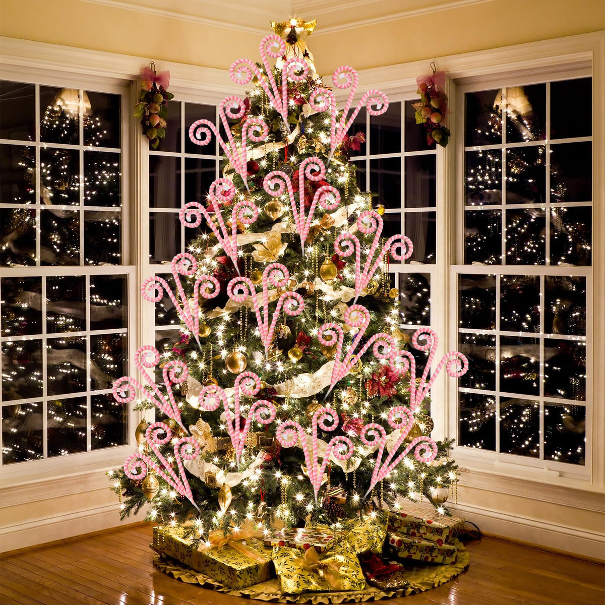 Wettarn 12 Pcs Christmas Tree Decorations Picks White Pink Woolen Candy Curly Picks for Christmas Tree Topper Ornaments with Fixed Wire Felt Striped Xmas Decoration DIY Craft for Party Decorations