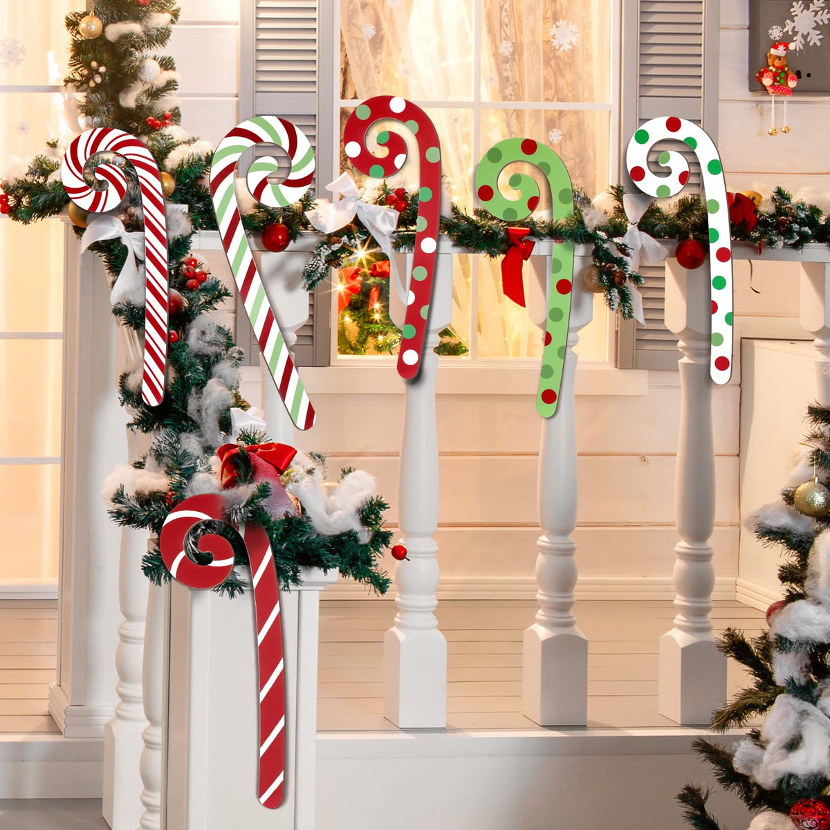 Yalikop 6 Pcs Large Christmas Candy Canes Decoration 15.75'' Wooden Red Green White Polka Dots Stripes Ornament Lollipop Candy Cane Ornaments for Christmas Tree Xmas Crafts Party Decor (Lovely)
