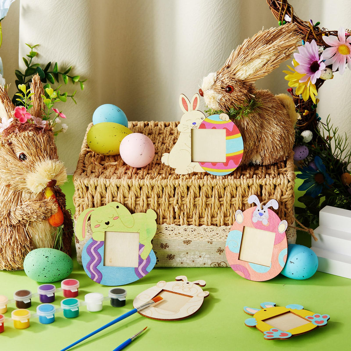 Thyle 12 Pcs Wood Easter Egg Bunny Picture Frame Craft Kits DIY Wooden Bunny Photo Painting Craft Decorative Ornaments for Easter Class Game Activities Gifts