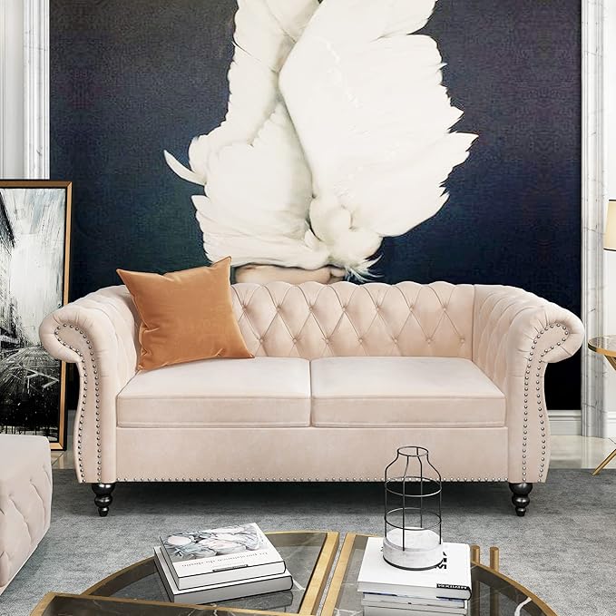 ORRD 2 Piece Living Room Set, Velvet Chesterfield Sofa Loveseat Couch