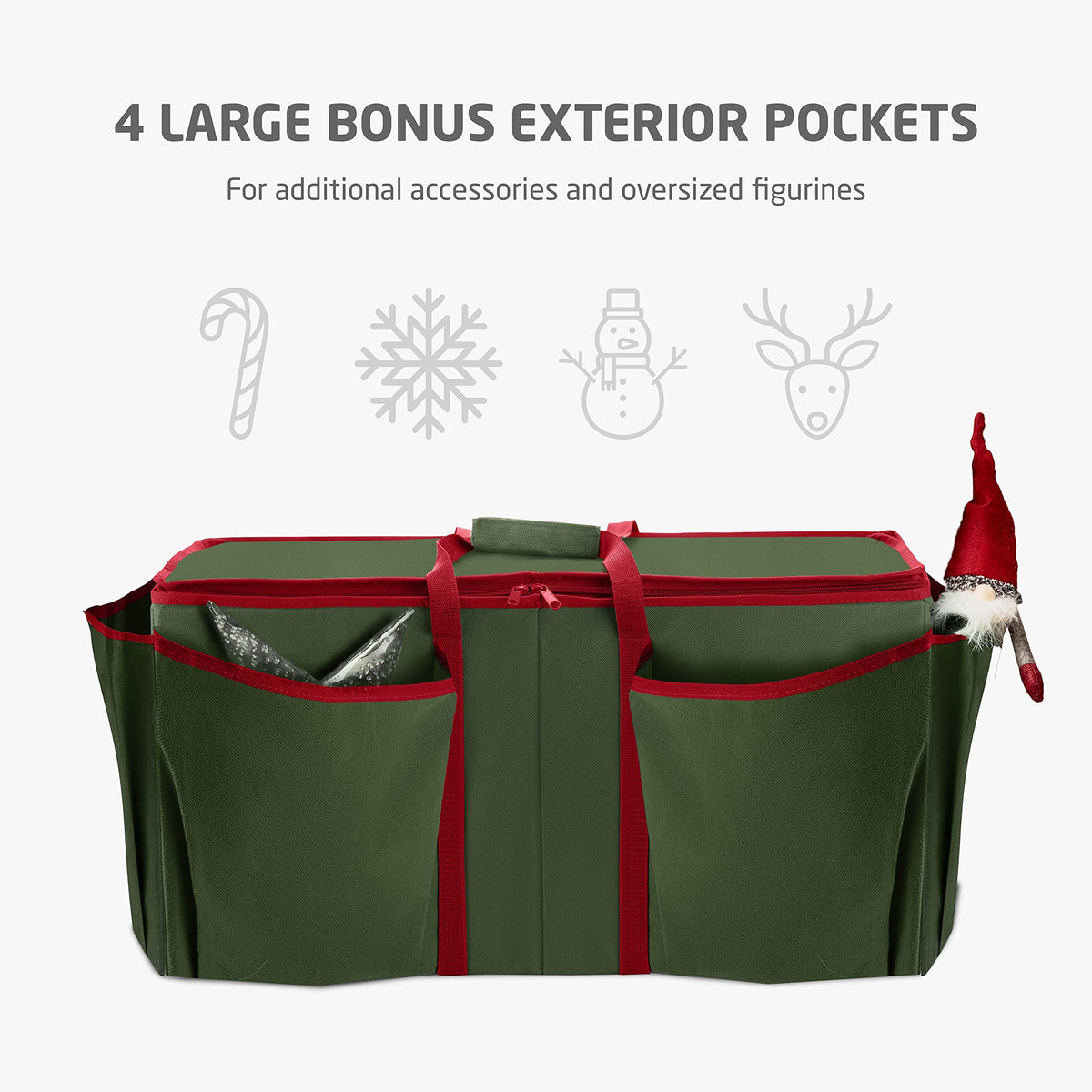 ZOBER Large Christmas Ornament Storage Box - Stores 80 3" Ornaments, With Dividers - With Large Compartment for Figurines, and Accessories, Durable Christmas Containers Holder, 4 Extra Pockets - Green