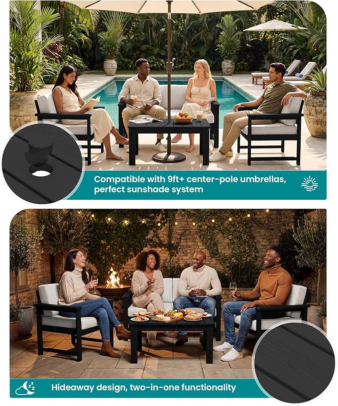 SERWALL 4-Piece Outdoor Patio Sofa Set, HDPE All-Weather Loveseat Sofa