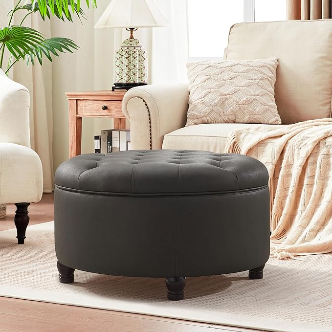 30-Inch Round Storage Ottoman, Button Tufted Ottoman Coffee Table