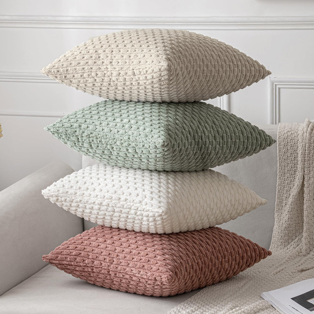 MIULEE Pack of 2 Decorative Throw Pillow Covers 20x20 Inch Soft Boho Striped Textured Corduroy Pillow Covers Modern Farmhouse Home Decor for Couch Bed Sofa Living Room Cream White