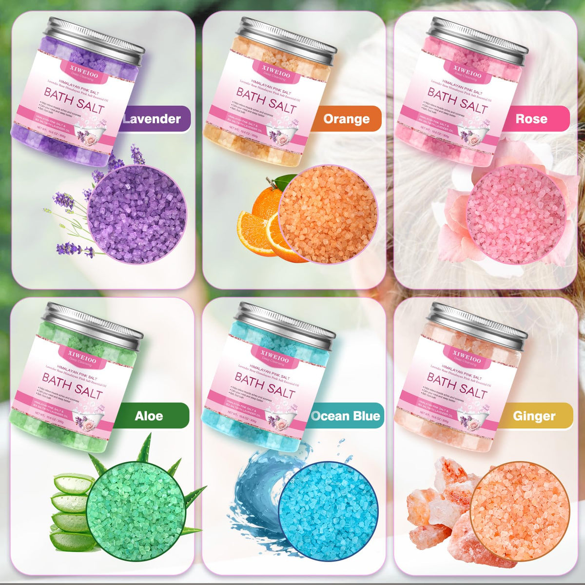XIWEIOO 6 Pack Bath Salt KIT for Soaking Himalayan Pink Salt Lavender Orange Rose Pink Scent Epsom Salt Bubble Bath for Women Gift with Dead Sea Salt Moisturizing Skin Essential Oil