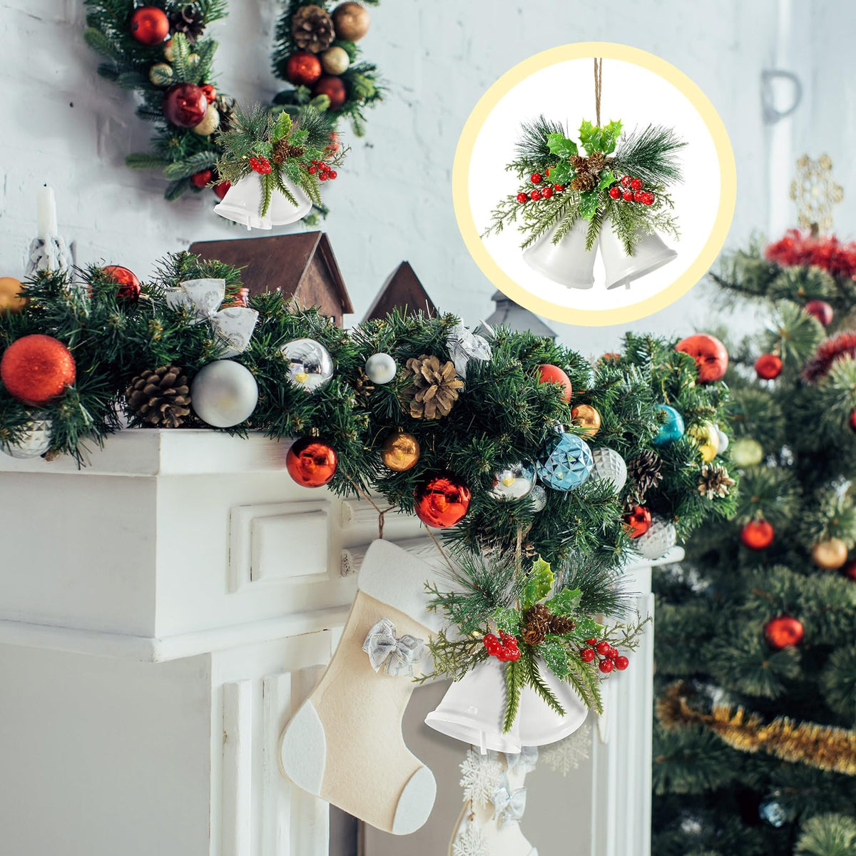 Tioncy Christmas Bell Hanging Ornaments 8.7" Large Rustic Metal Bell Decoration Xmas Hanging Decorative Bell with Red Berry for Christmas Wreath Tree Door Decor(White,4 Pcs)