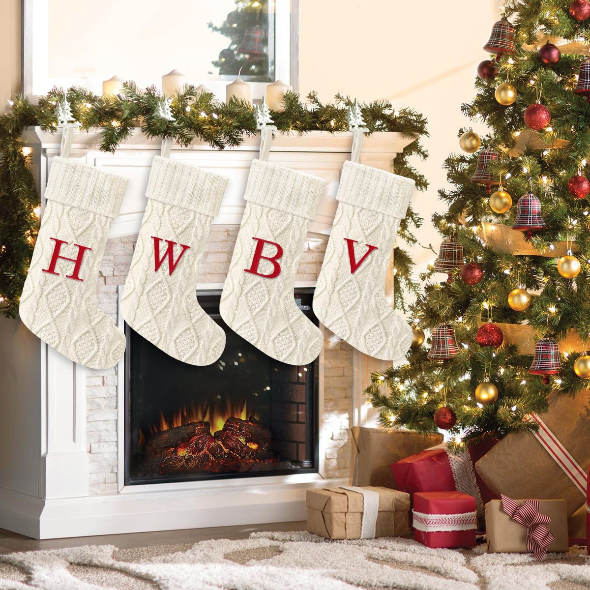 Yoochee 21 Inches Knitted Christmas Stockings with Initials, Large White Custom Monogram Embroidery Christmas Stockings with Letter, Personalized Xmas Decoration for Holiday Family Party-B