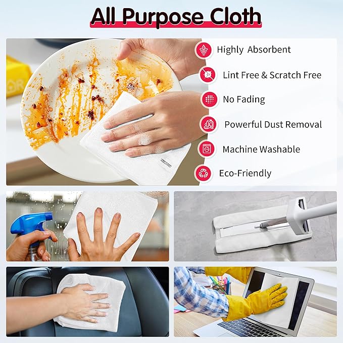 FIXSMITH White Microfiber Cleaning Cloth -Pack of 8, Highly Absorbent Cleaning