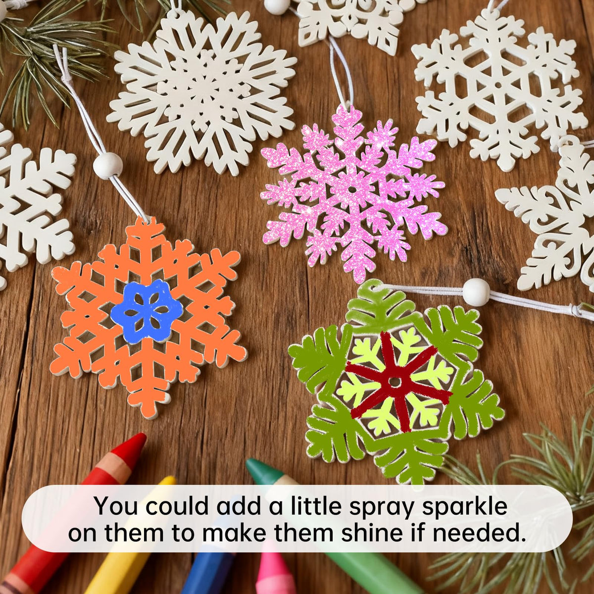 White Wooden Snowflakes Ornaments, Christmas Wood Snowflake for Crafts Hanging Decorations, Christmastree Decoration, Table Scape or Centerpiece Craft Project for Wreath, Winter Scene (16)