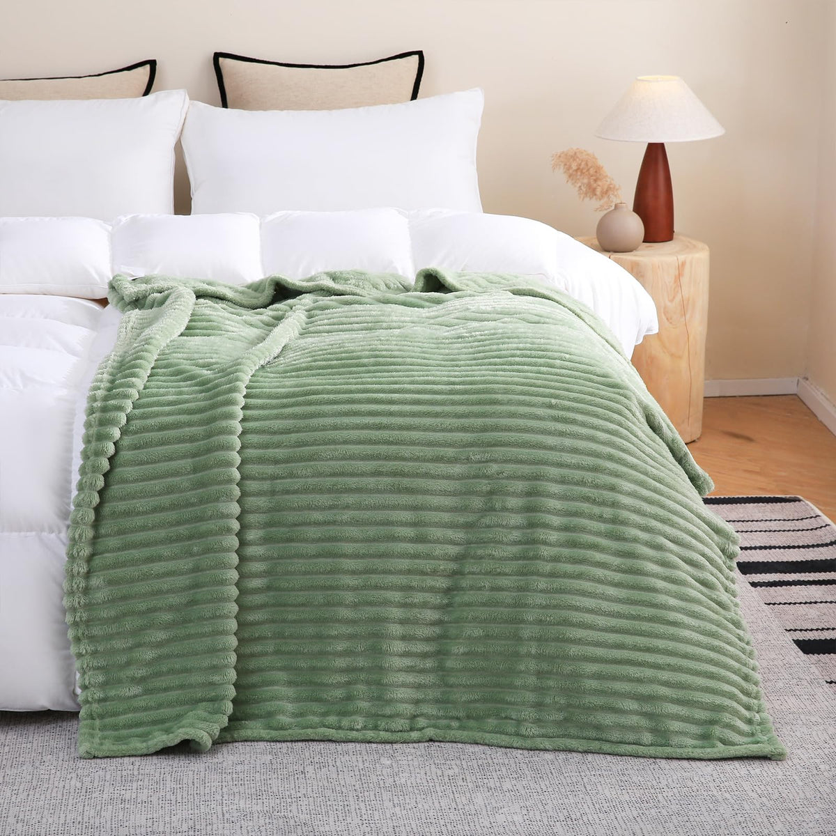 Linecooo Sage Green Fleece Throw Blanket 50”×60” for Couch Sofa Bed,Super Soft Cozy Plush Microfiber Flannel Blanket with Stripes Design Lightweight for Adults,Woman,Girls