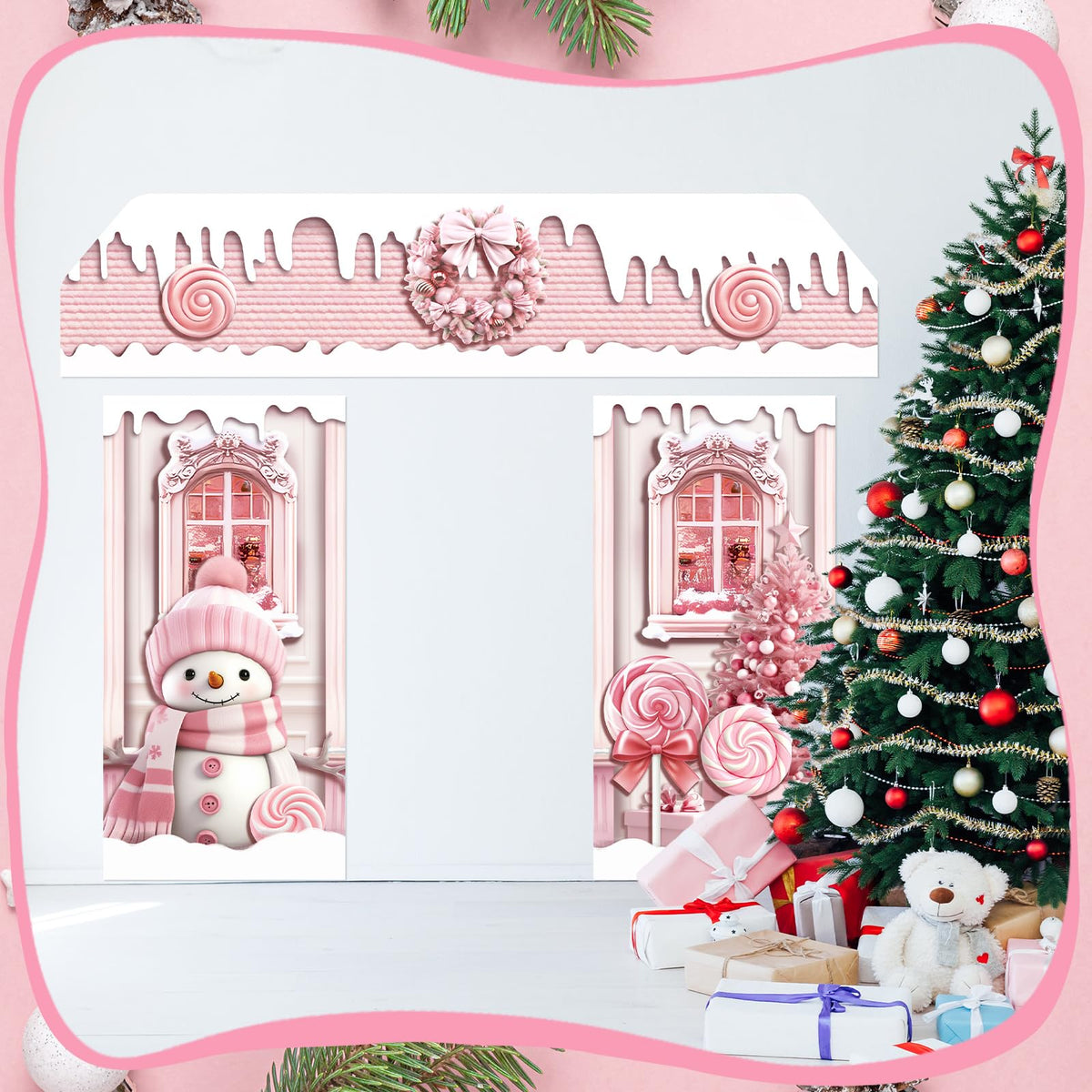 HunnmingRe 3 Pcs Christmas Gingerbread House Decorations Gingerbread Door Covers Backdrop Christmas Door Banners for Xmas Holiday Party Photography Photo Background Decor(Pink Style)