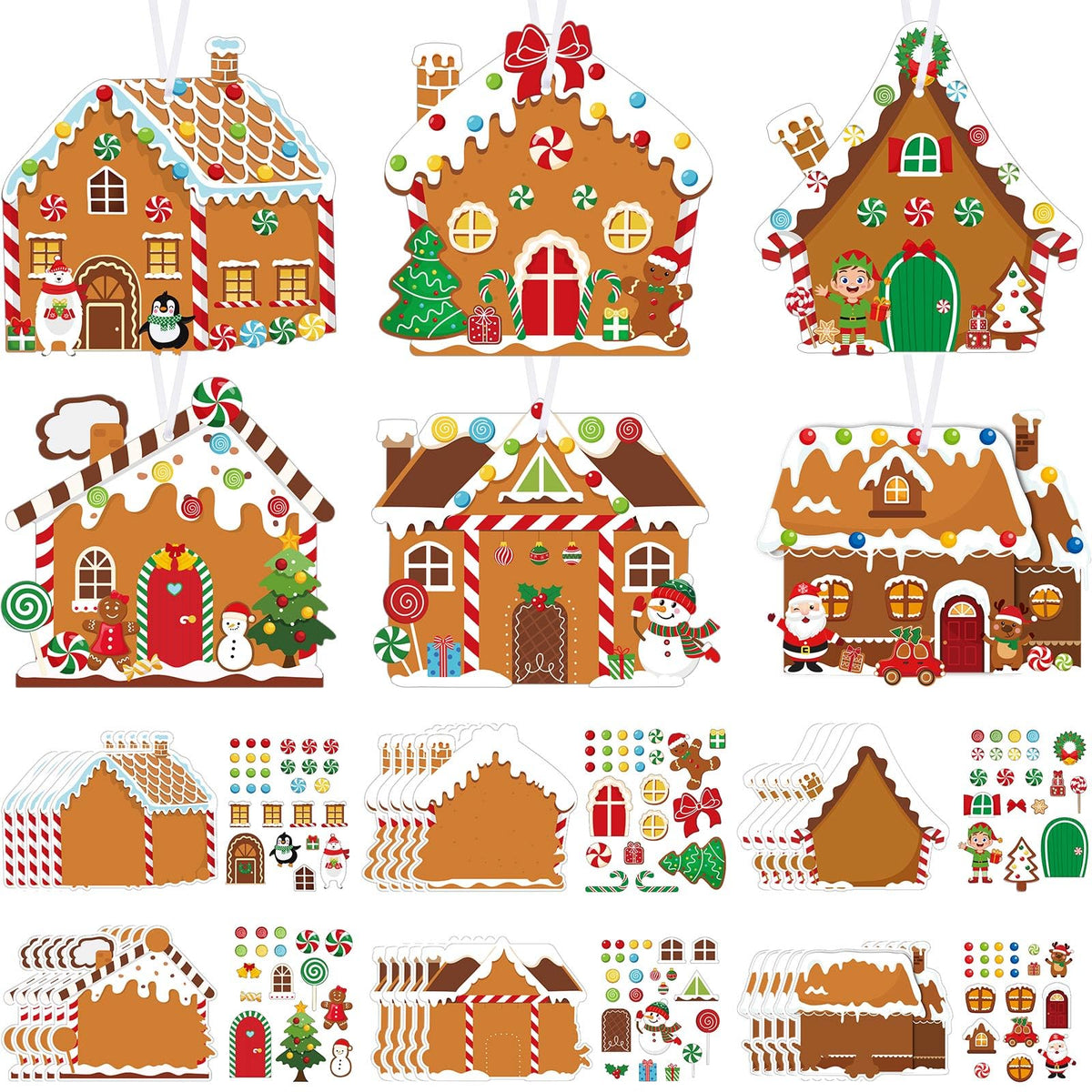 Pasimy Christmas Crafts Kits for Kids Xmas Gingerbread House Crafts DIY Christmas Tree Ornament Kit Make Your Own Gingerbread House Craft Stickers for Holiday Xmas Classroom Party Favors(48pcs)