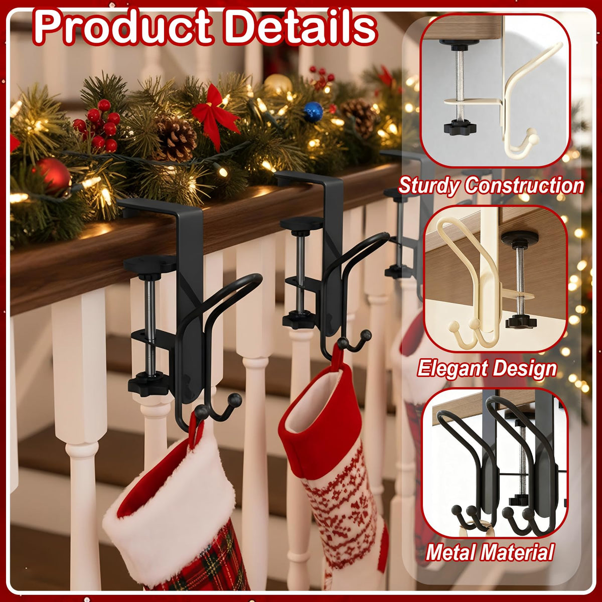 TGLIFEVER Fireplace Stocking and Garland Hanger with Double Hooks, 2 in 1 Mantel Hangers for Garland, Heavy Duty No Drill Christmas Stocking Holder for Party Home Decoration