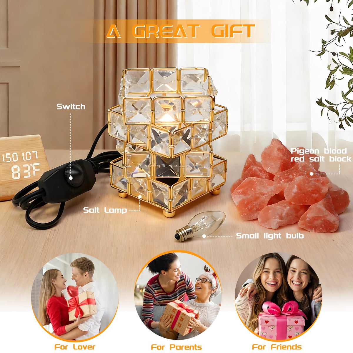 Natural Himalayan Pink Salt Lamp, Dimmable Single Lighting, Plug-in Powered, Crystal Salt Rock Lamp,Glow Night Light for Bedroom Office, UL & ETL Certified Cord (Crystal Cylinder)