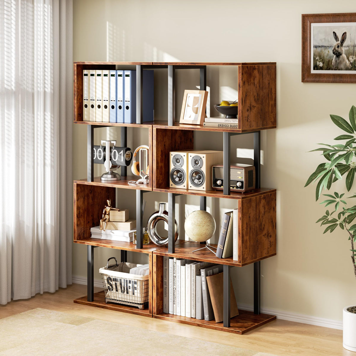 Furologee 5 Tier Bookshelf, S Shaped Geometric Bookcase, Narrow Freestanding Display Shelves, Modern Wood Decorative Storage Rack for Bedroom, Living Room, Home Office, Rustic Brown