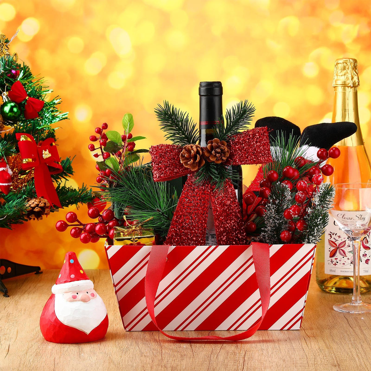 Pinkunn 48 Pcs Christmas Basket for Gifts Empty Bulk, Holiday Gift Empty Baskets with Handle, Reusable Kraft Market Cardboard Tray for Xmas Present Wrapping(Candy Stripe,12.6 x 9.8 x 5.9 in)