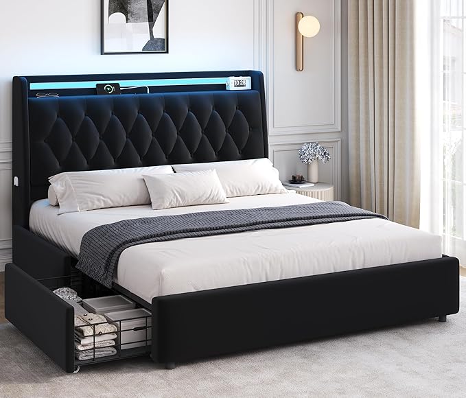 Full LED Velvet Bed Frame with 2 Storage Drawers&Hidden Headboard, Upholstered