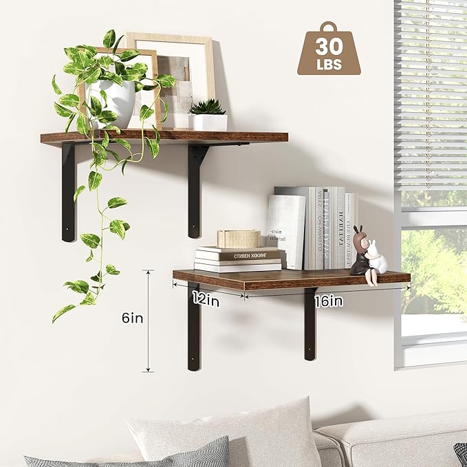Fun Memories Rustic Brown 12 Inch Deep Floating Shelves Set of 2, Wall Mounted
