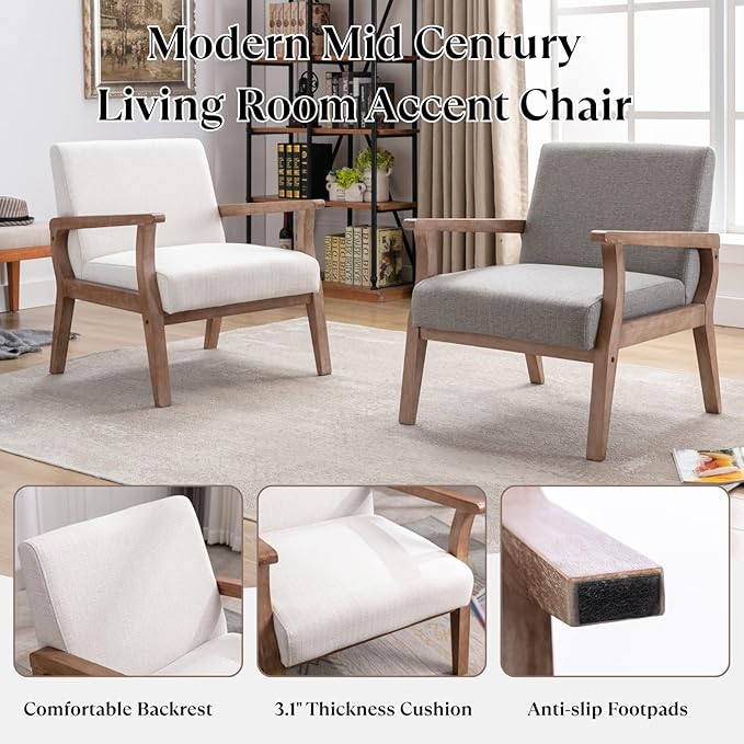 BESTANO Mid Century Modern Accent Chair Set of 2, Linen Upholstered Living Room
