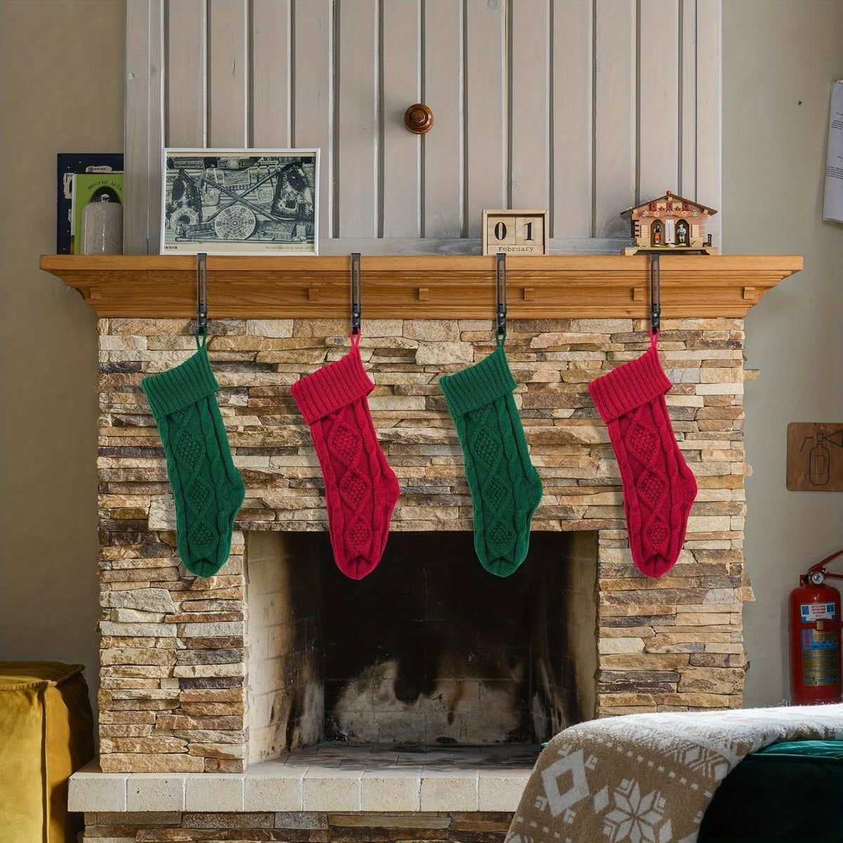 Garland Hanger and Stocking Mantel Holders, 4 PCS Christmas Stocking Holders for Mantle-Adjustable Christmas Metal Hooks Garland Hanger for Hanging Stocking Garland Balls Fireplace Decoration Supplies