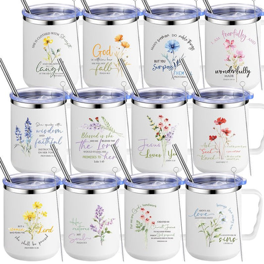 Nitial 12 Pcs 17 oz Christian Coffee Mugs with Lid and Straw Religious Bible Verse Christian Gifts Insulated Inspirational Bible Affirmations Tumbler for Women Friend Men (White,Flower)