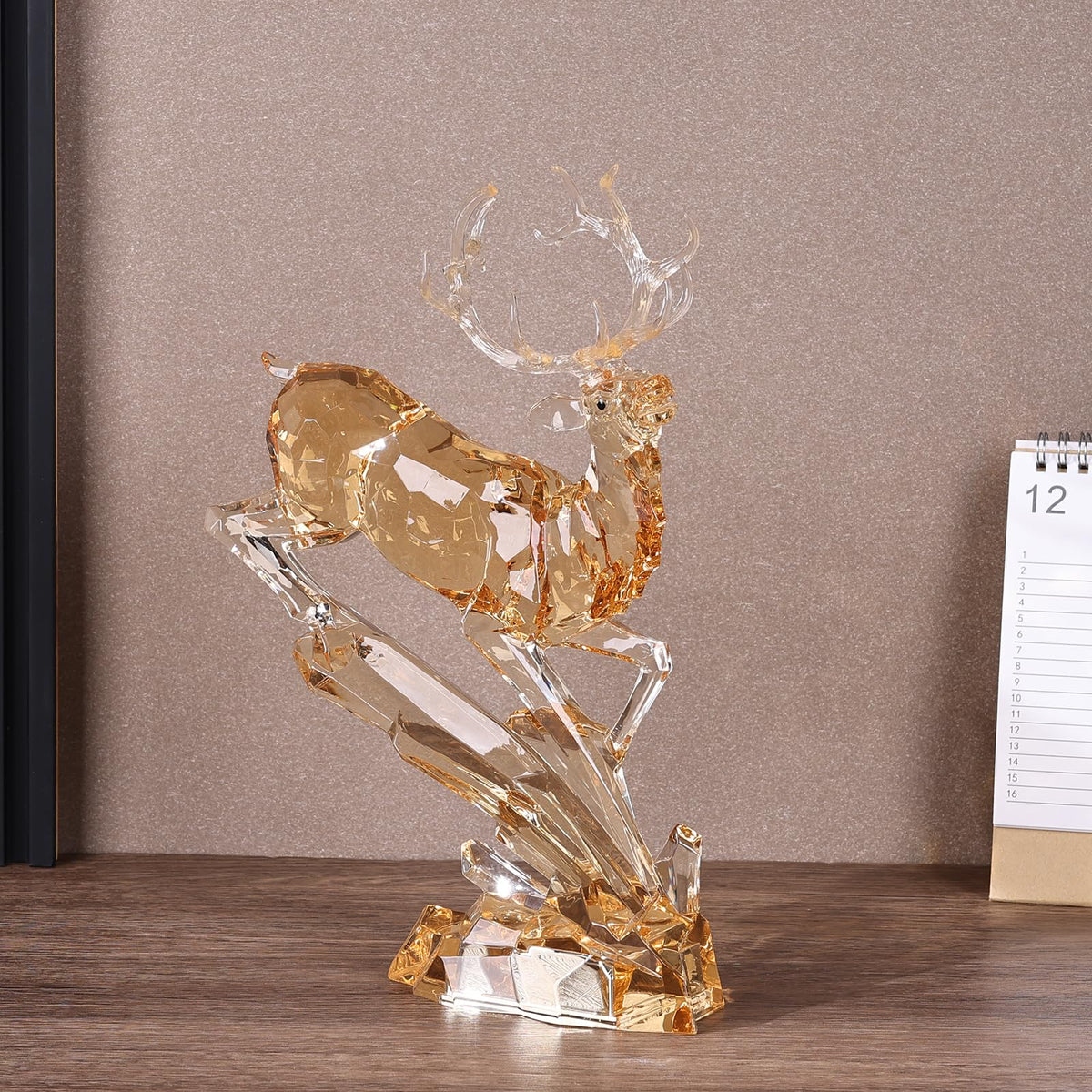 Luxury Acrylic Reindeer Figurine with LED Light for Christmas Decor, Elegant Transparent Crystal-Like Deer Sculpture for Table Shelf Mantel, Reindeer Ornament Holiday Centerpiece (Gold Jumping 11.8")