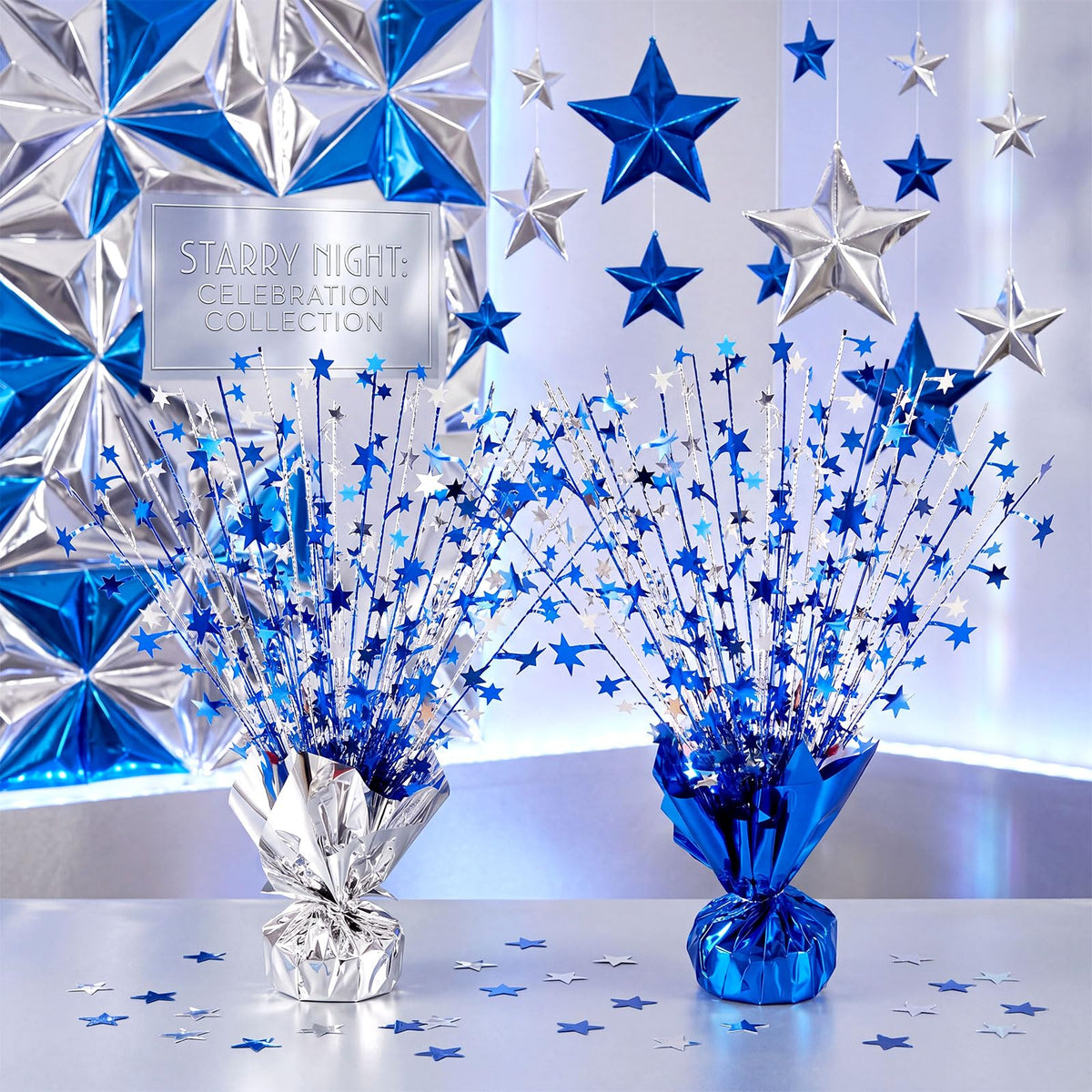 CraftyDream 6 Pcs Star Table Centerpieces Silver Blue Birthday Party Decorations Metallic Foil Spray Centerpieces Glitter Spray Table Decor for Birthday Anniversary Graduation Wedding Supplies