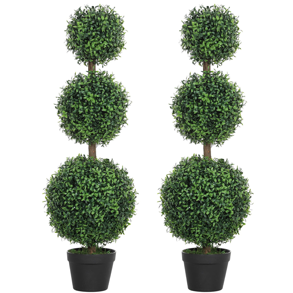 HOMCOM Artificial Plants Topiary Ball-Shaped Boxwood Trees in Pot Set of 2 Fake Plants for Home Indoor Outdoor Front Porch Decor, 40 Inch, Green
