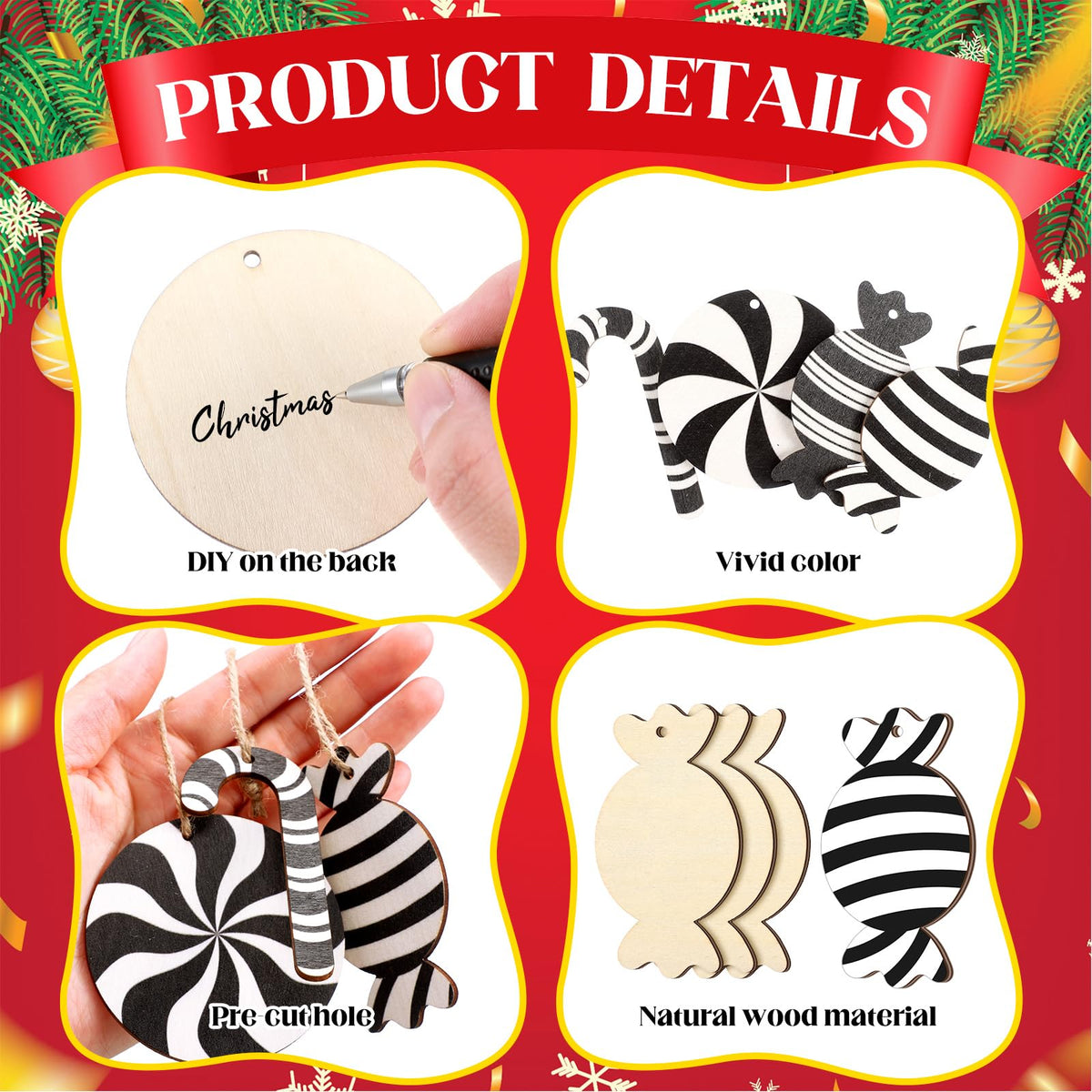 Qunclay 36 Pcs Christmas Candy Hanging Ornaments Wooden Christmas Tree Decorations Black and White Xmas Peppermint Lollipop Ornament Set for Holiday Birthday Party Decoration Supplies Crafts Gifts
