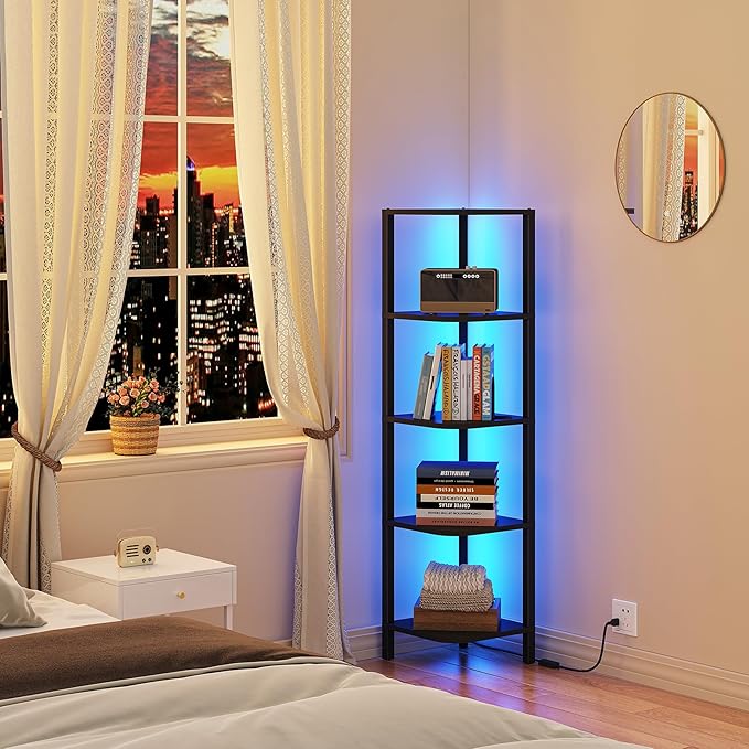 TUTOTAK Corner Shelf with LED Light, 5-Tier Corner Bookshelf