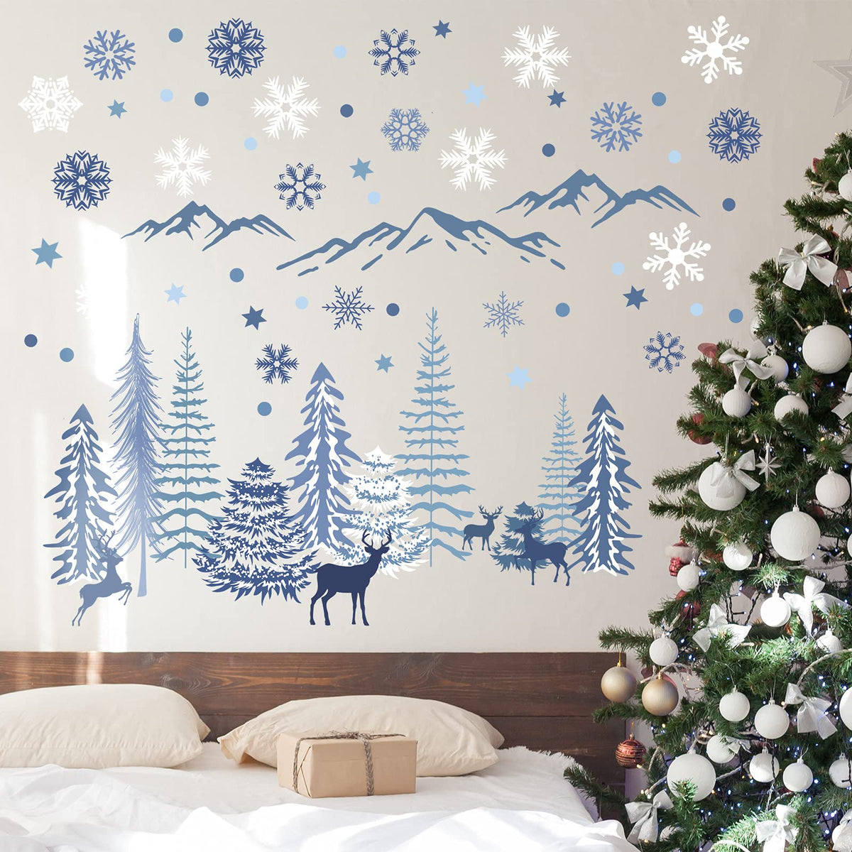 Teling 8 Pieces Winter Snowflake Wall Decals Stickers Dreamy Nursery Forest Woodland Trees Deer Pine Tree Wall Decals for Kids Room Winter Decor(Blue, White, Gray)