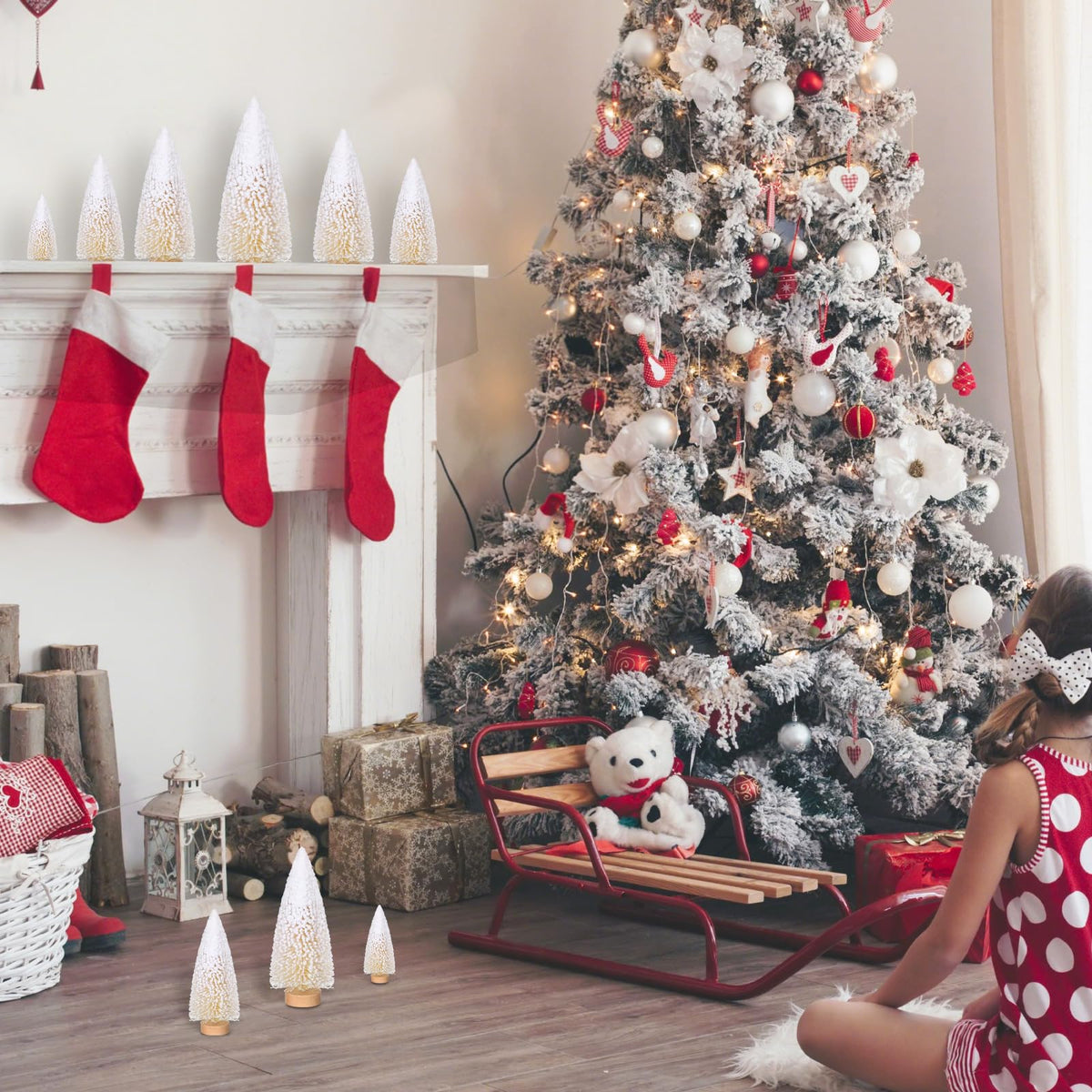 Leyndo 9 Pcs White Snow Flocked Artificial Mini Christmas Tree Sisal Bottle Brush Trees with Wood Base Christmas Pine Trees for Autumn Winter Holiday Kitchen Home Party Decor