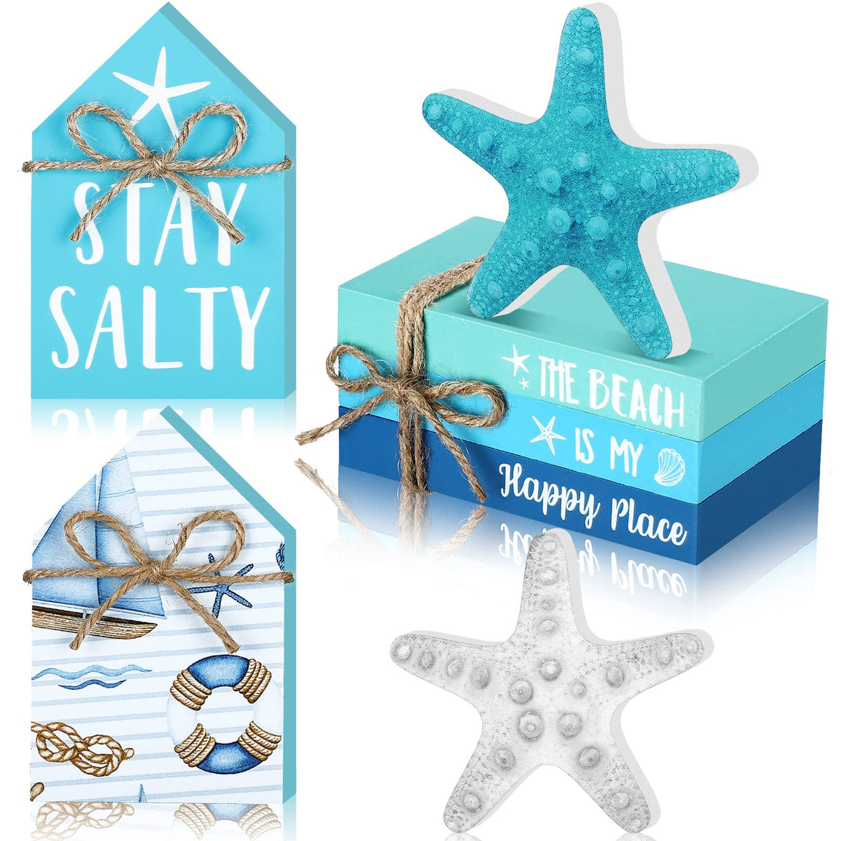Blulu 5 Pcs Summer Beach Wooden Tabletop Decor, Coastal Ocean Blue Decorations for Home, Wood Starfish Decor, Stay Salty House Signs & Faux Book Stack, Nautical Table Centerpieces for Bedroom Desk