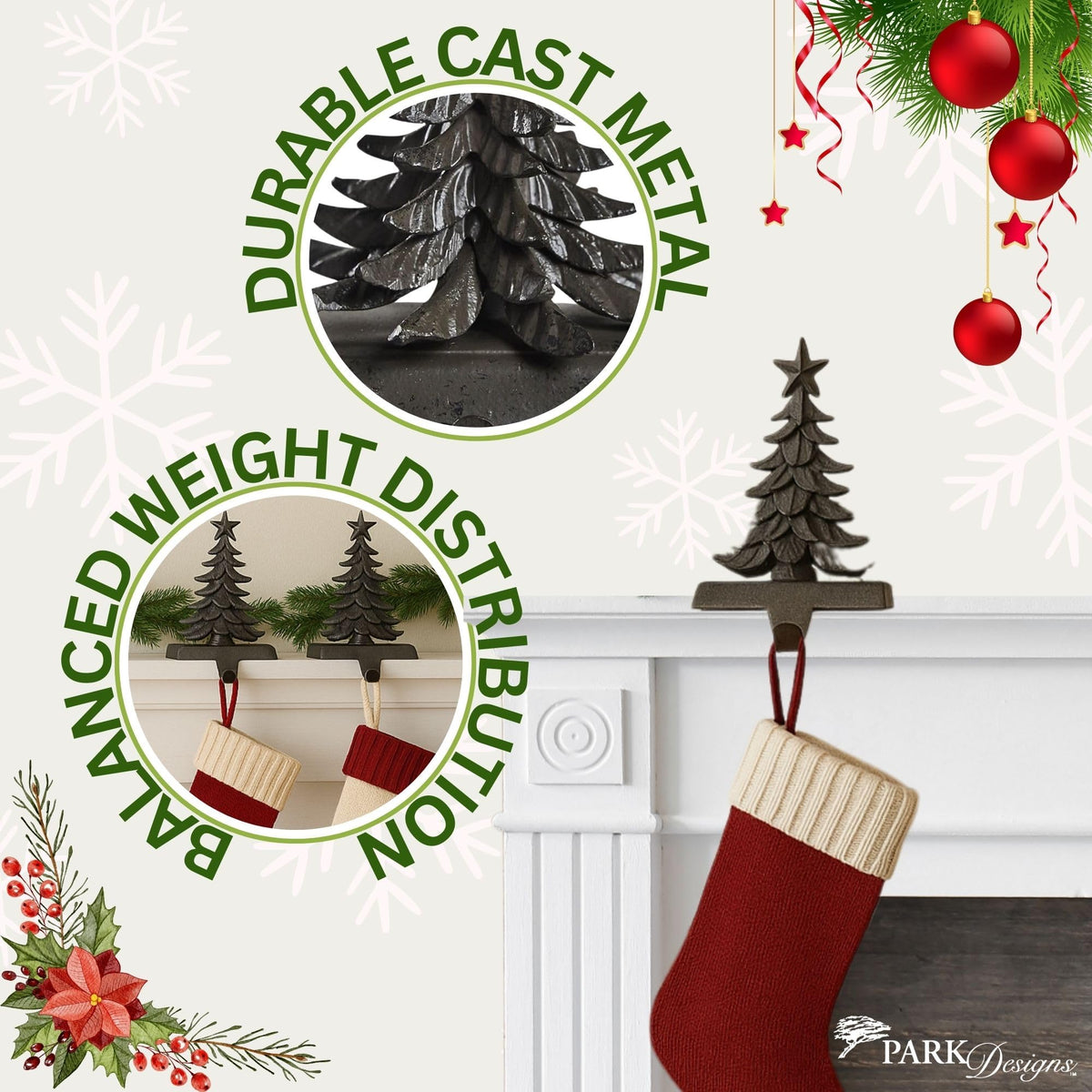Park Designs Christmas Tree Stocking Hanger Set of 2 | 6" x 0.5" x 6" Cast Metal Mantel Hooks | Iron Finish Holiday Stocking Holders | Rustic Fireplace Décor for Farmhouse or Lodge Christmas Displays