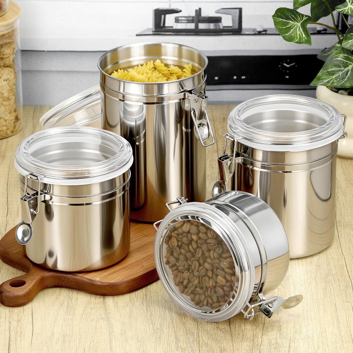 QWORK 4 Pack Stainless Steel Kitchen Storage Canister, Airtight Flour Clamp Canister, 26oz, 36oz, 47oz, 62oz