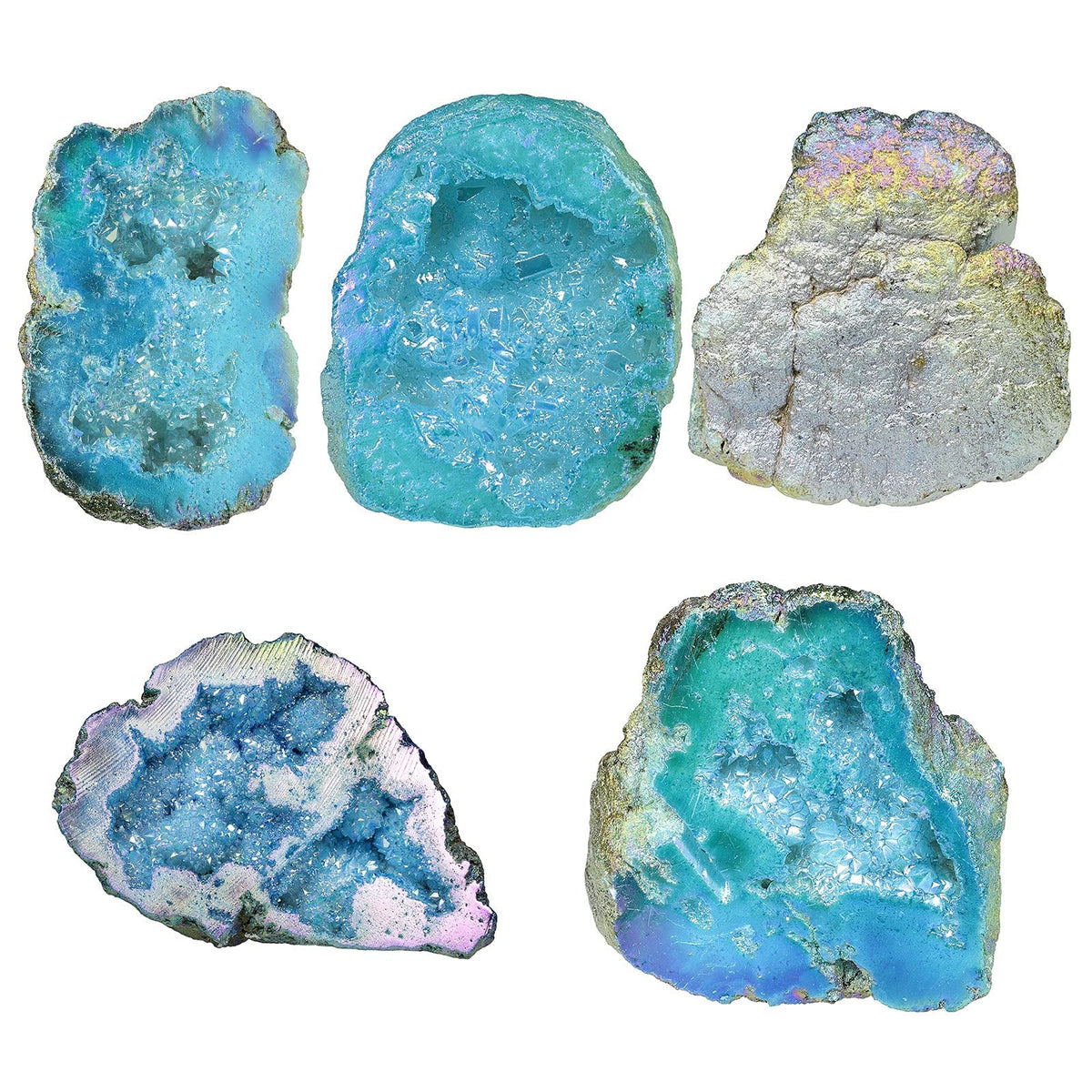 SUNYIK Pack of 2 Rainbow Aura Titanium Coated Crystal Cluster & Natural Rainbow Titanium Coated Quartz Geode
