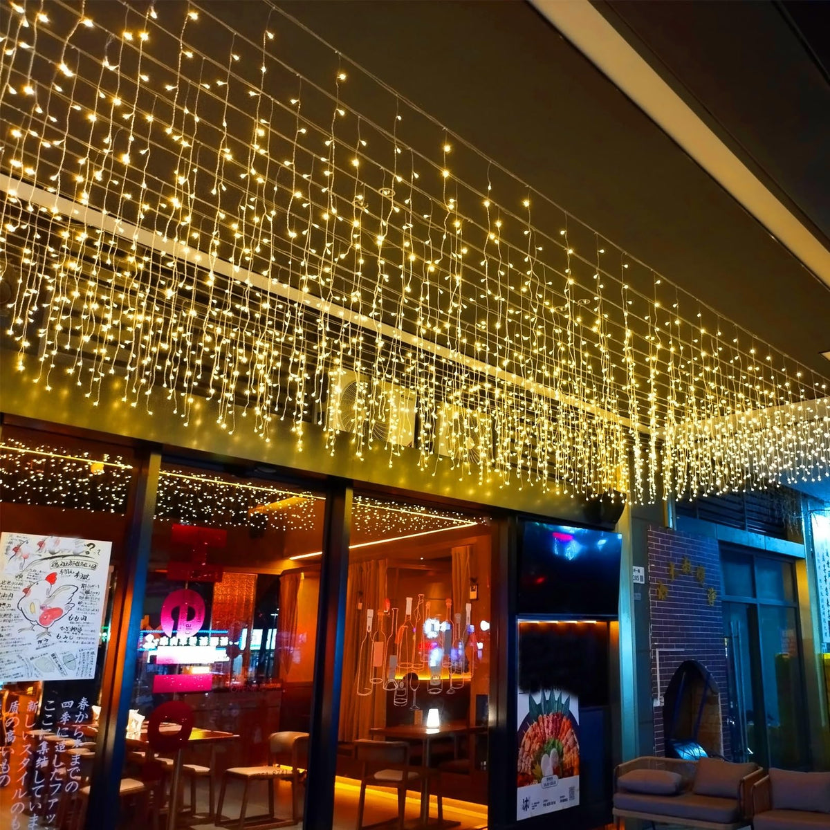 JAMISAY LED Icicle Lights, 8 Modes 16.4FT 112 LEDs Christmas Short Curtain Fairy Hanging Ceiling Extendable Lights for Wedding Balcony Doorway Outdoor Indoor Decoration Warm White, 5M04