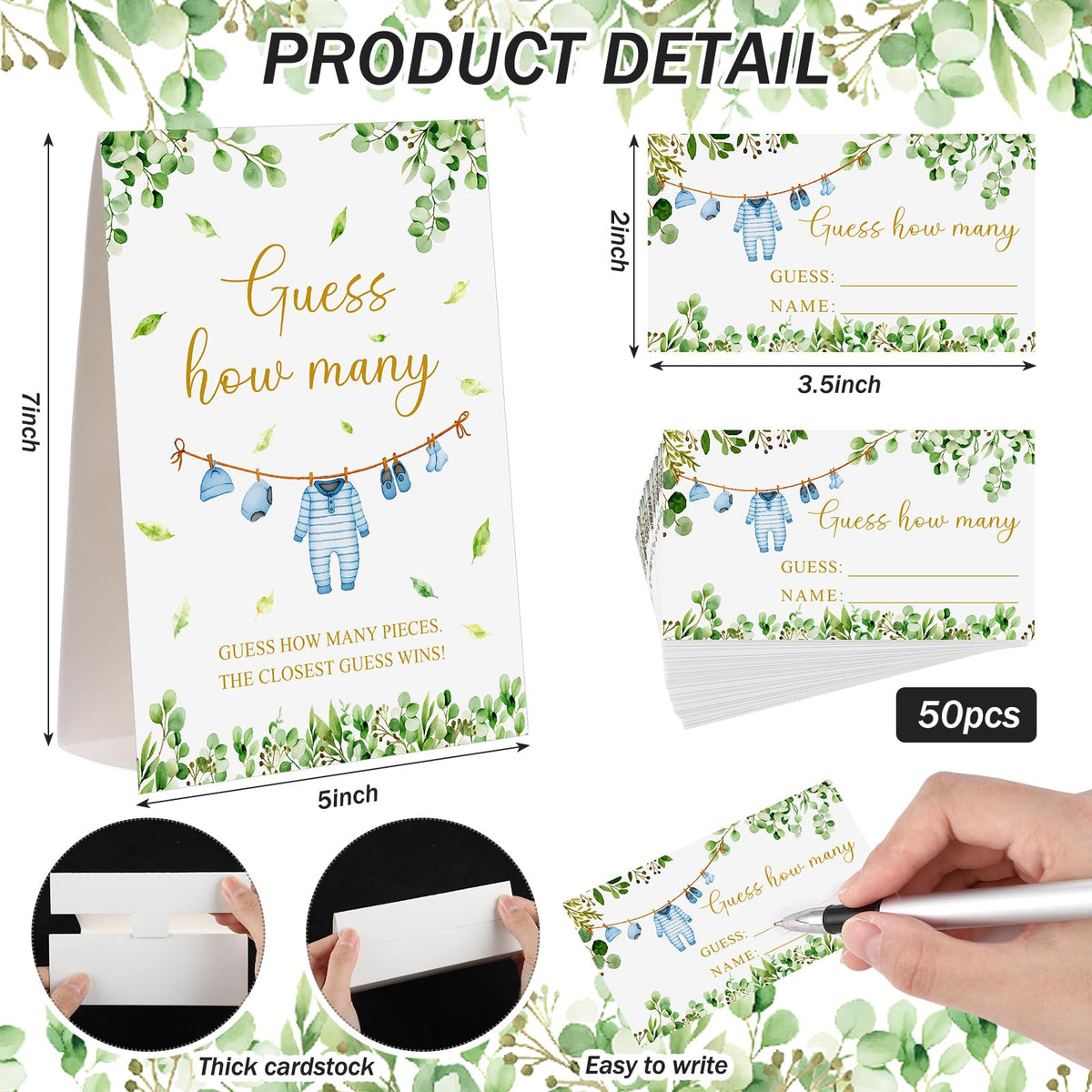 Lerheedi Blue Clothes Guess How Many Baby Shower Game Pack of 1 Tabletop Sign with Stand and 50 How Many Cards, Eucalyptus Gender Reveal Party Game Decorations
