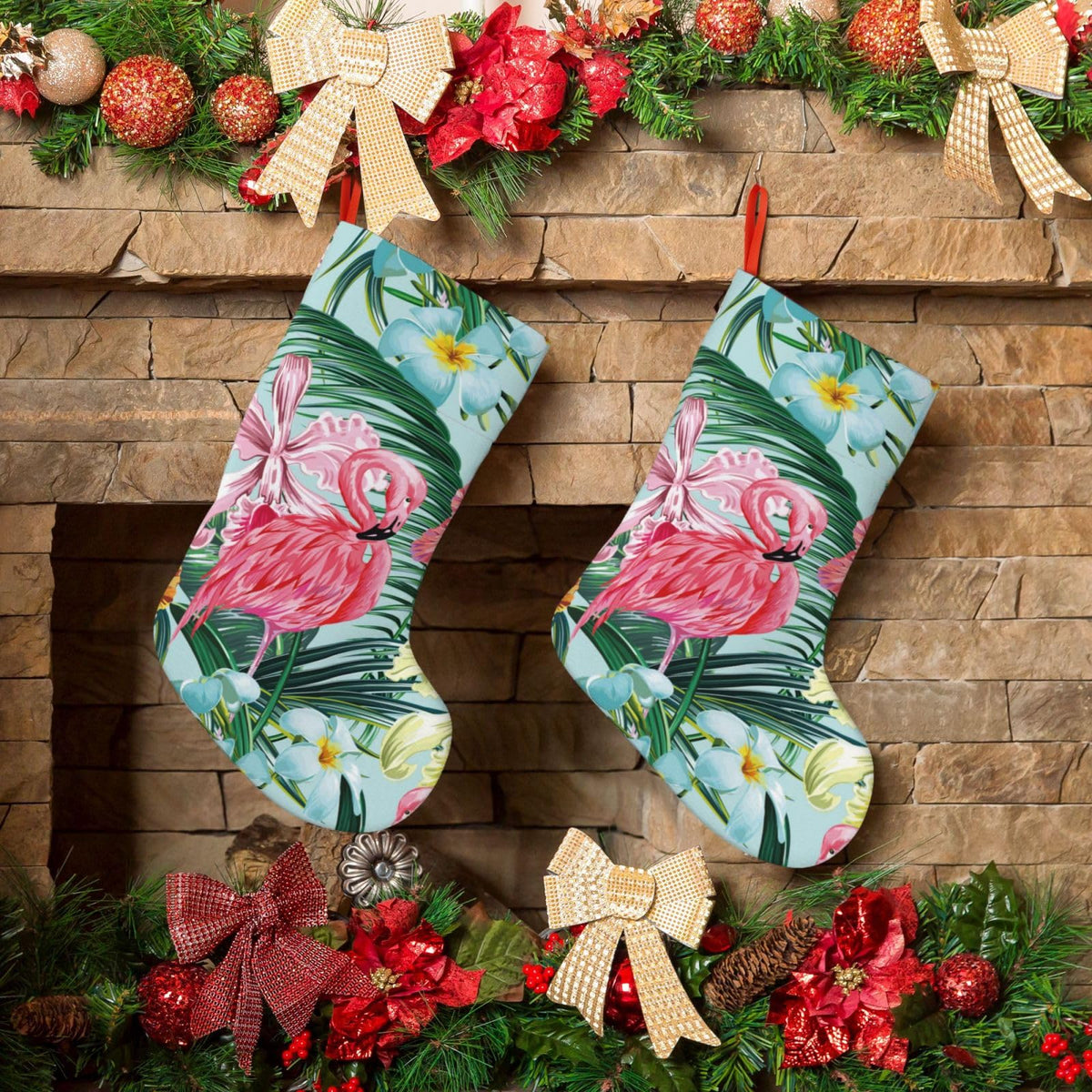 YETTA YANG Tropical Flamingo Flower Palm Tree Leaf Botanical 18 Inches Christmas Stocking Large Stocking Bags Hanging Socks for Christmas Decor Decorations