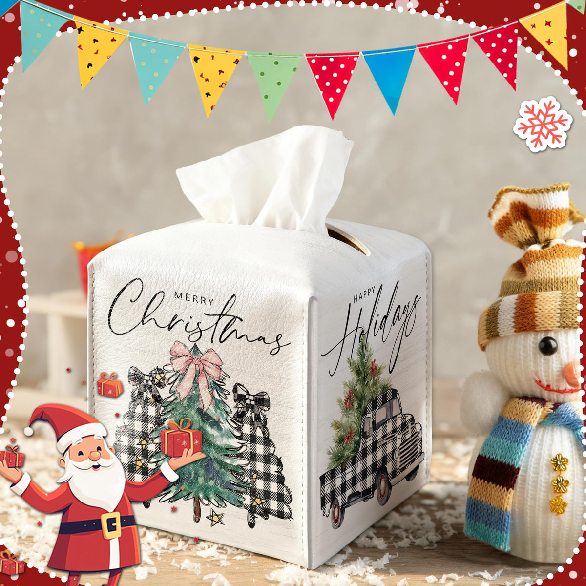 Christmas Box Cover Square, Buffalo Plaid Truck Trees Decorative Tissue Box Holder, Waterproof Leather Tissues Boxes Dispenser for Bathroom, Bedroom Nightstand, Office, Car Home Decor