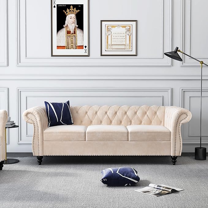 ORRD 2 Piece Living Room Set, Velvet Chesterfield Sofa Loveseat Couch